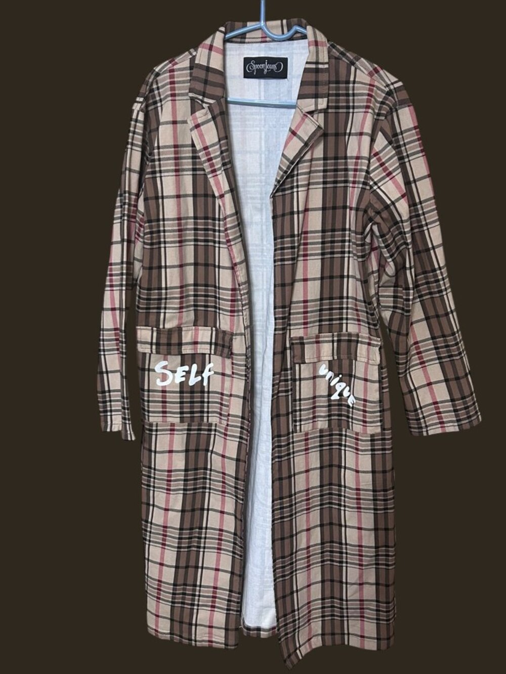 Spoon Jeans Plaid Long Duster Jacket "Proud To Be Me" Graphic Back Size L